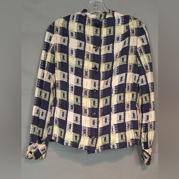 Vintage Classic Navy Blue Green 60s plaid silk Printed long sleeve blouse - Picture 8 of 8